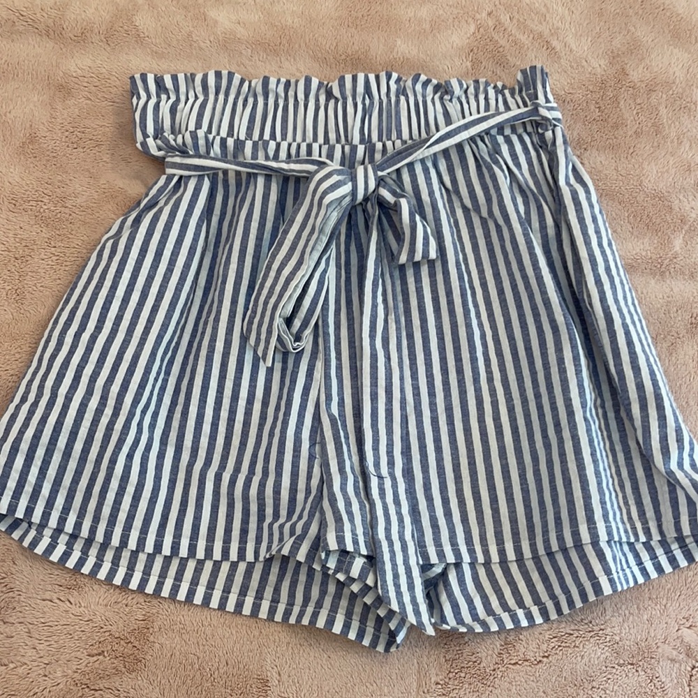 blue and white paper bag shorts